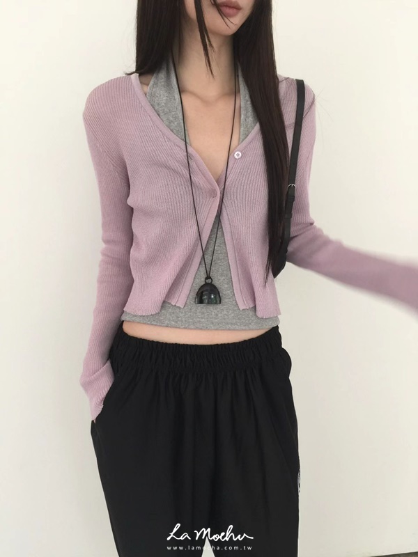 同色扣透紗坑條外套